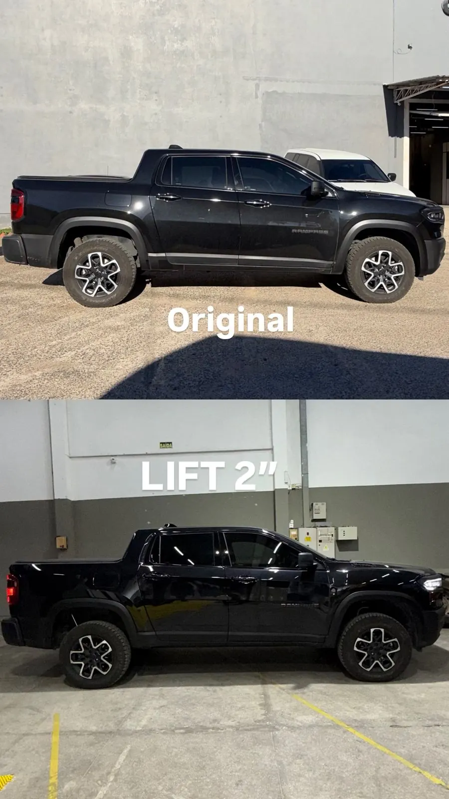 Pickup preta, lateral: original em cima, com lift Bump embaixo
