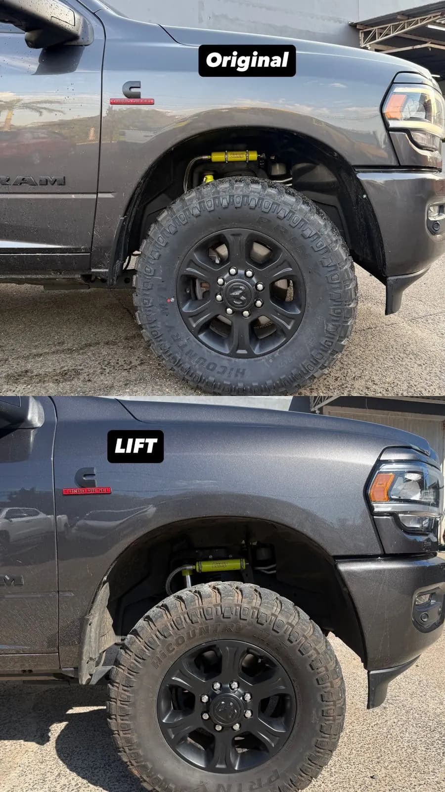 RAM, dianteira: original em cima, com lift Bump embaixo